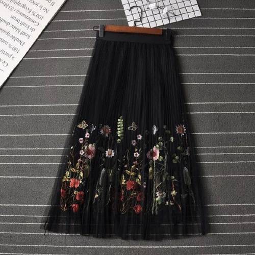 New Puff Women Mesh Tulle long Skirt Fashion Vintage Pleated Floral Embroidery Elegant Female Tutu Mid-Calf Skirts