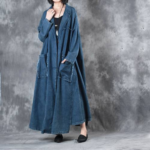 2019 female new autumn and winter vintage loose plus size outerwear long design expansion bottom retro denim trench