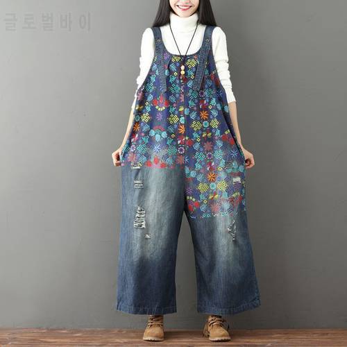 Women Vintage Washed Floral Printed Wide Leg Bib Blue Denim Overalls Jean Jumpsuits Female Large Size Crotch Rompers Casual