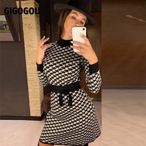 GIGOGOU Women Noble Geometric Knit Dress DFall Winter Slim Knot Sashes Sweater Dress A-line Houndstooth Warm Pullover Vestido