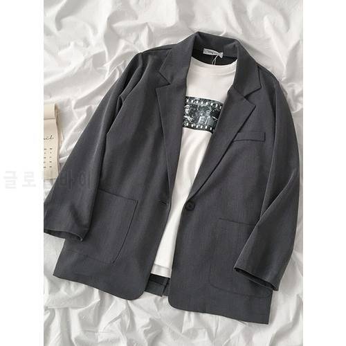 Spring Autumn Casual Chic Black Grey Blazers Women Korean Solid Color Notched Single Button Loose Clothing Female Simple Jacket