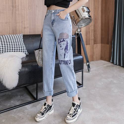 Freeshipping with a person print pattem Urban fashion leisure elastic force women&39s denim jeans ladies ankle-length pants jeans