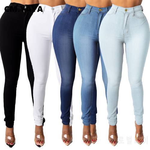 CM.YAYA Solid Full Length Women Jeans Fake Zippers Skinny Elastic High Waist Jeans with Pockets Women High Street Pencil Pants