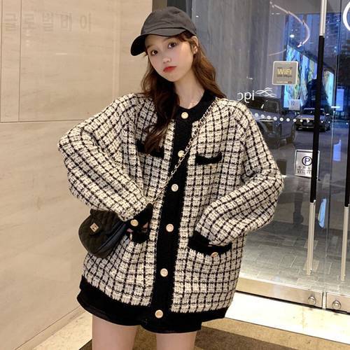 Autumn 2020 New Sweater Coat Retro Shirt Check Long Sleeve Single Breasted Plaid Loose Knit Cardigan Tide Ladies A448