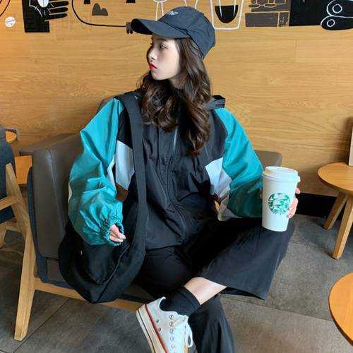Women&39s Summer Windbreaker 2020 Spliced Color Plus Size Jacket With Hooded Loose Harajuku Sunscreen Coat Women Hip Hop Thin