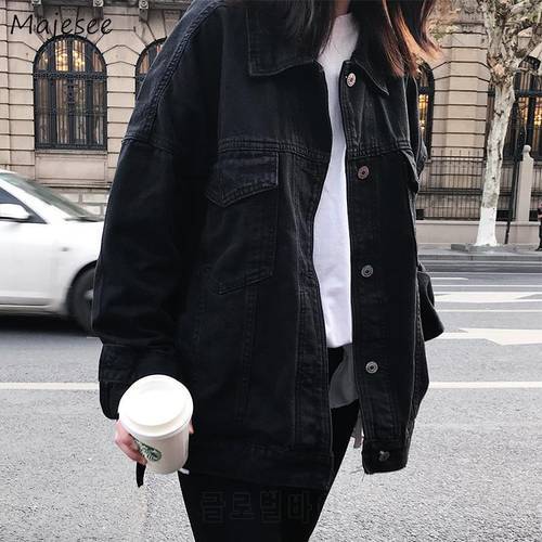 Denim Jacket Women Black Solid Simple All Match Casual Loose Slim Womens Jackets and Coats Harajuku BF Vintage Streetwear Chic