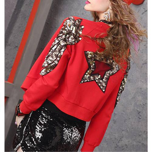 Women&39s Red Short Jackets 2022Spring Fashion Elastic Thin Sequins Beaded Tops Female Tide coat streetwear ladies coats outerwear