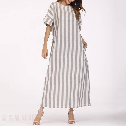 Plus Size 4XL 5XL Women Boho Striped Summer Dress 2022 Cotton Linen Casual Big Size Loose Baggy Kaftan Long Maxi Dress Vestidos