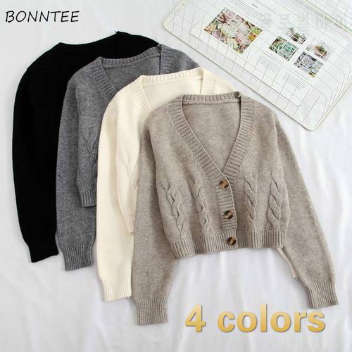Cardigan Women V-neck Long Sleeve Korean Style Spring Pure Color Button Students Crop Hipster Fashion Causal All Match Simple