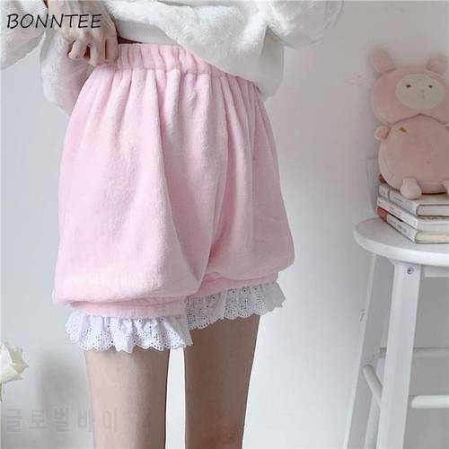 Shorts Women Kawaii Lace Trendy Casual College Soft Thicker Solid Aesthetic Simple Female Elastic Waist Popular Japanese Style
