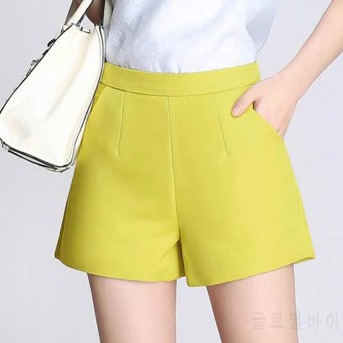 Summer Fashion Women High Waist 3xl Xxl Wide Leg Yellow Black Shorts , Casual Female Woman Spring Slim White Shorts