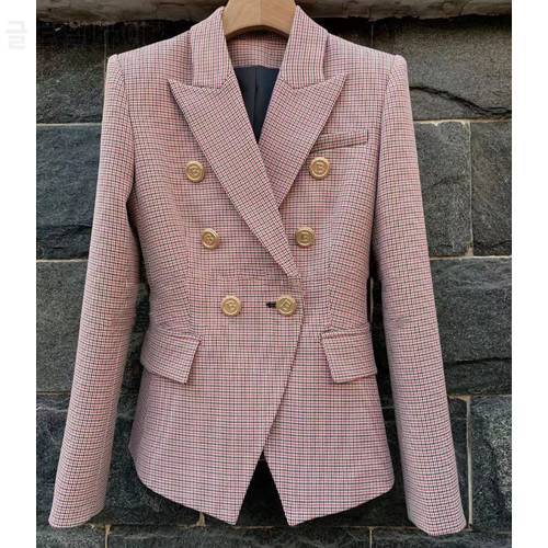 Top Quality 2021ss Red Houndstooth Blazer Gold Buttons Double Breasted Fashion Ladies Suits Shoulder Pads
