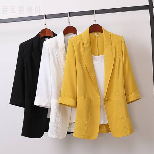 2021 Spring Autumn cotton linen plus size Blazer jacket women Solid 3/4 sleeve Loose Casual Suit Fashion Women Outerwear Tops