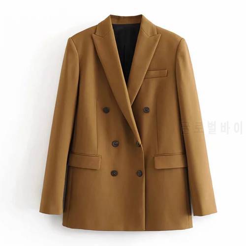 Spring Womens Blazers Loose Casual Double Breasted Solid Color Suits Women Blazer Coat Brown Cotton Female Outwear Blazer Jacket