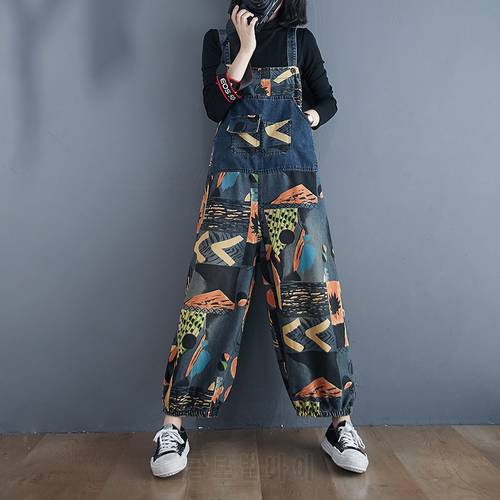 Women Abstract Print Denim Jumpsuits Rompers New Pocket Loose Loose Jean Pants Female Casual Overalls Long Pants Plus Size 2021