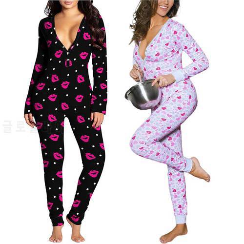 Women Sleeping Romper Valentine&39s Day Lip Printed Pajamas Spring Long Sleeve V-Neck Loose Detachable Crotch Elastic Home Clothes
