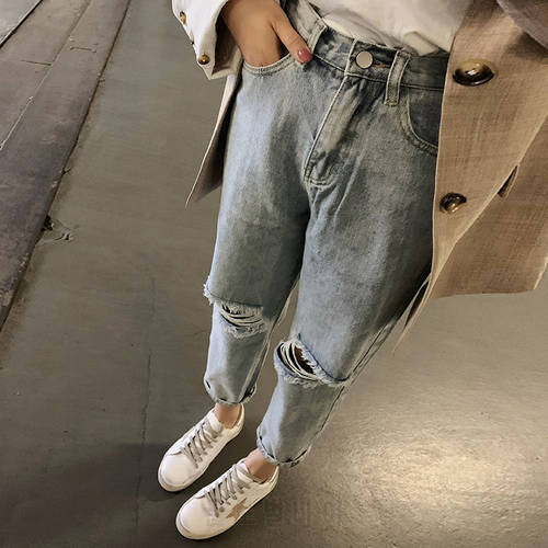 Woman Jeans Pants Summer Jeans Knee Ripped Jeans Harem Loose High Waist Pantalones Vaqueros Mujer