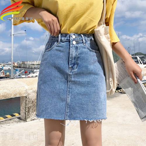Denim Skirt Women Summer Blue Solid Casual High Waist A Line Denim Skirts High Street Pockets Button All-matched Jeans Skirt