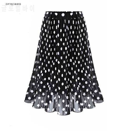 4XL 5XL Larger Size Pleated Chiffon Skirt For Woman 2021 Summer Elastic Waist Polka Dot Print Beach Skirts Femme Saia Midi