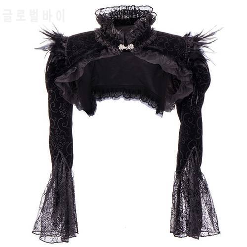 Black Gothic Punk Cropped Jacket Long Sleeve Feathers Lace Cardigan Stand Collar Steampunk Bolero Plus Size Women Victorian Coat