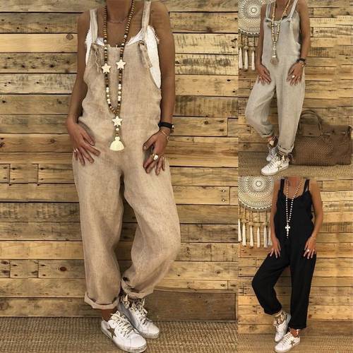 Summer Casual Women Jumpsuit Loose Cotton and Linen Baggy Trousers Jumpsuits Lady Sleeveless Strap Rompers with Pockets Solid