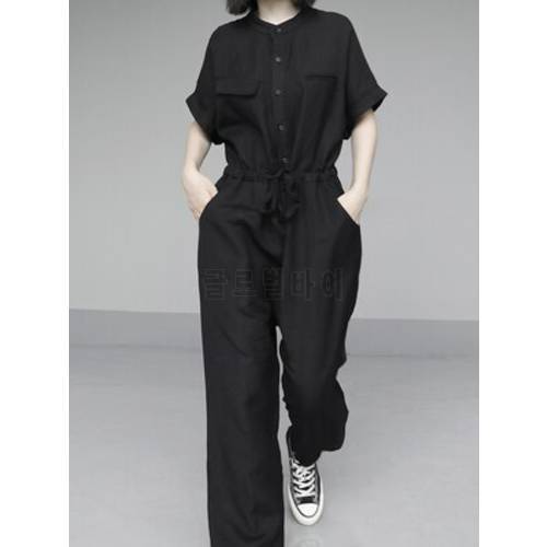 New Hemp cotton short-sleeved work style dark loose waist long jumpsuit trousers women