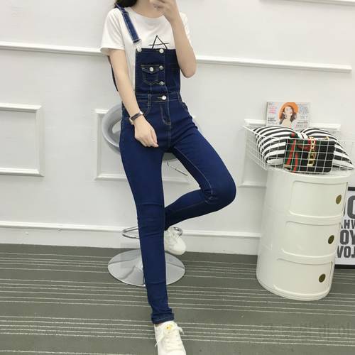 Vintage Korean Style Women Pocket Jumpsuit Denim Slim Long Pants Bodycon High Waist Jeans Jumpsuits Solid Color Femme Jeans