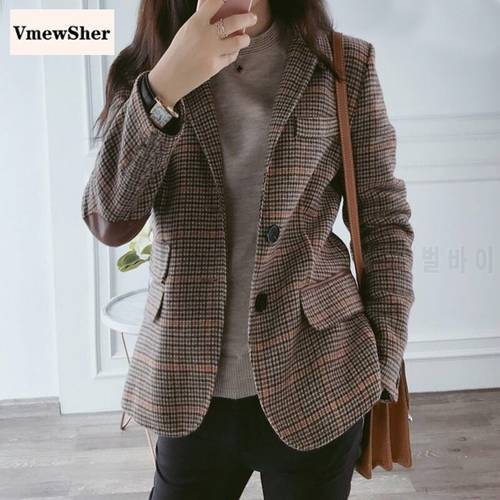 VmewSher New British Style Slim Women Plaid Blazers Patch Patchwork Women Classic Suit Coat Formal Lady Single Breasted Outwear