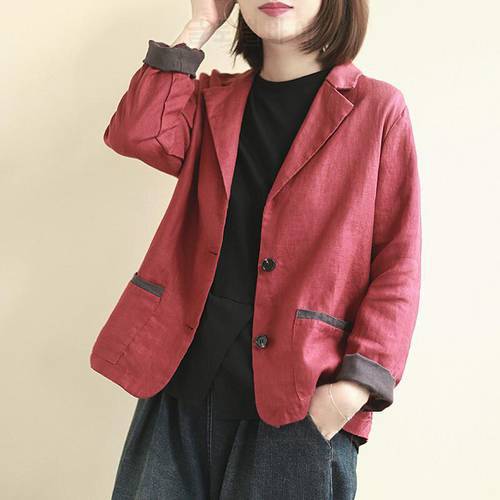 2020 Spring New Arts Style Double Pocket Loose Casual Solid Blazer Femme Coat Long Sleeve Cotton Linen Women Blazers S901