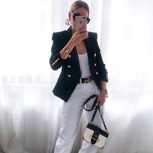 Women Blazer Black White Light Green Jacket Office Formal Double Breasted Metal Buttons Blazers Jacket High Quality Dropshipping