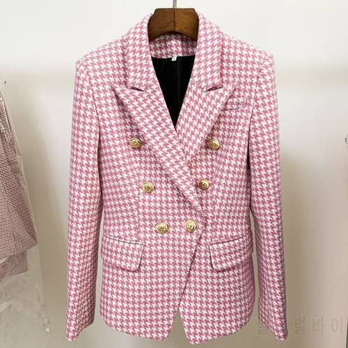 Pink Plaid Women&39s Jacket 2021 New Double Breasted Button Houndstooth Womens Blazers Long Sleeve Suit Coat High Quality