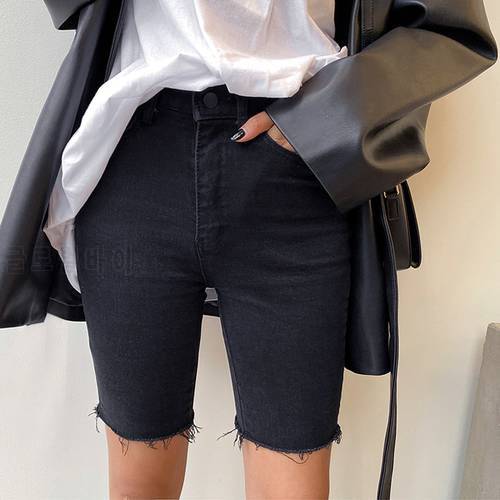 2022 Summer Knee Length Skinny Denim Shorts Women Casual High Waist Sexy Stretch Black Jeans Shorts Femme