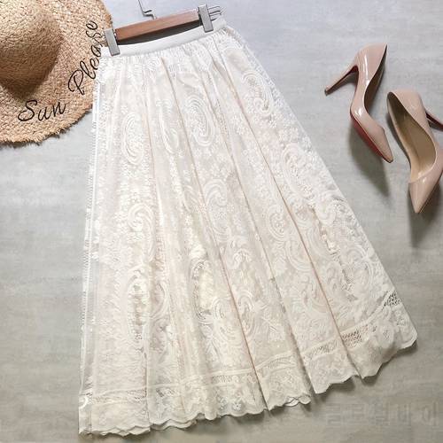 PEONFLY 2022 Spring High Quality Midi Long Lace Skirt Women Fashion Korean Elegant Hollow Out A Line High Waist Skirt Female
