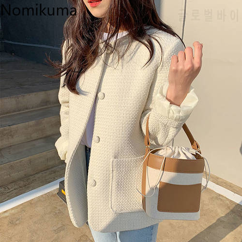 Nomikuma 2021 Spring New Tweed Women Coat Korean Causal Single Breasted O-neck Jacket Fashion Elegant Long Sleeve Outwear 6D871
