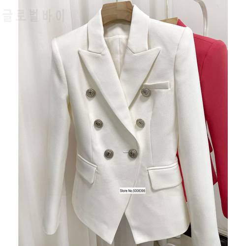 High quality 2021ss Woman Classic White Blazer Double Breasted Silver Buttons Front Suit with pockets