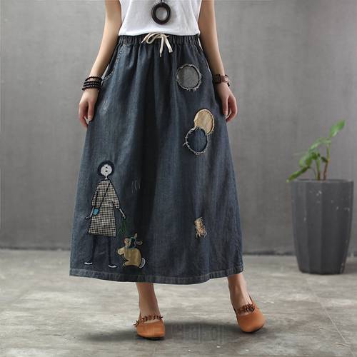 Cartoon Embroidery Denim Skirts Women Vintage Art Ripped Oversized Female Elastic High Waist Long Maxi Jeans Skirt