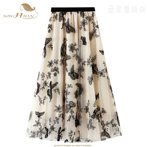 SISHION Lace Butterfly Skirt Summer Princess Tulle Skirts Womens Mesh A-line Saia Female Jupe Tutu Skirts Faldas Mujer WF0134