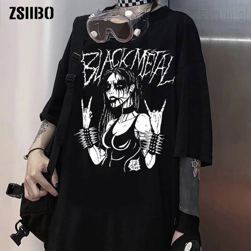 Y2K Black Metal T-Shirt Women&39s Edgy Fashion Metal Rock Tee vintage Grunge Clothing High street Style Oversized Shirt футболка