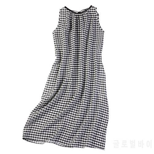 Women 100% Pure Silk Crepe Silk Loose type Long Midi Dress sleeveless with pocket checks printed JN032