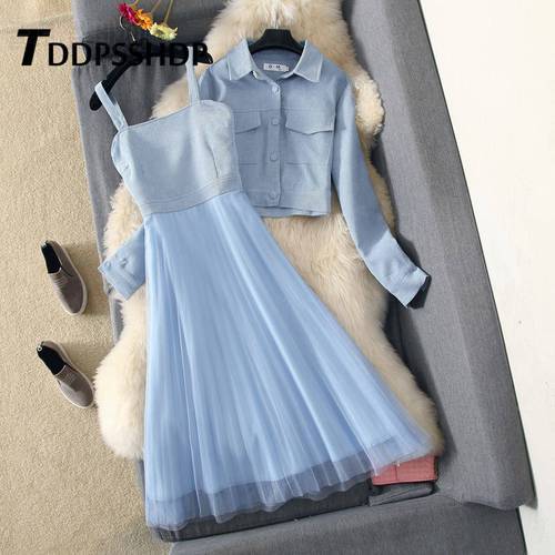 Fashion 2019 Women Dress with Out Wear Apricot Blue Pink Color Two Piece Suit Spring Female Dresses