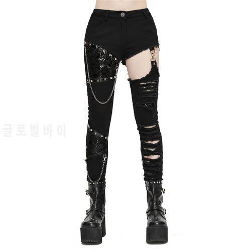 Punk Fashion Hole Jeans Ankle Fashion Pants Trouser Skinny Jeans Women Pants With Metal Chains