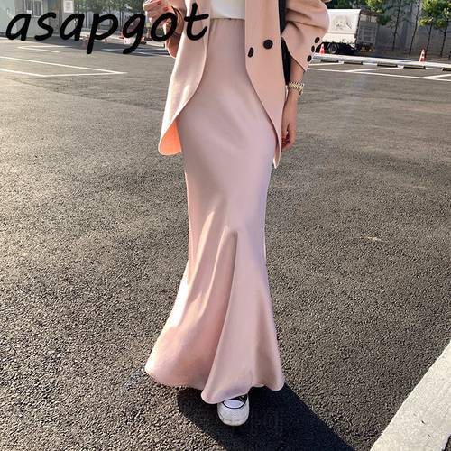 Skirt Temperament Elegant Slim A Line High Waist Pink Satin Skirt Women Silk Chiffon Solid Faldas Mujer Moda Korean Fashion