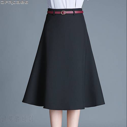 Elegant Office Skirts Womens Black Pink Khaki Apricot Ladies Midi Skirt With Belt Lining Jupe Femme High Waisted A-line Saias