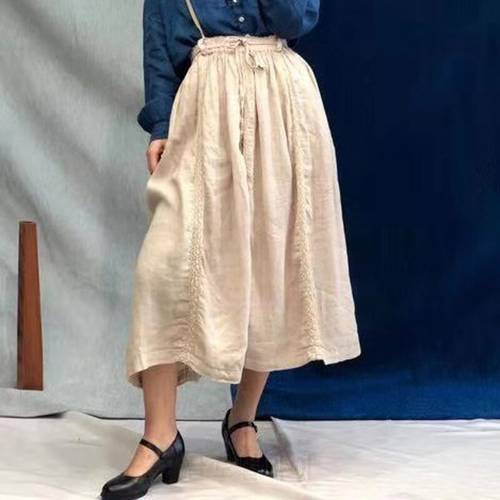 Johnature New Cotton Linen Vintage Embroidery Strap Skirts For Women 2023 Summer Solid Color Loose Female Skirts