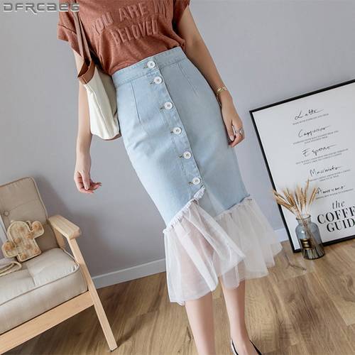 Woman Fashion 2021Package Hip Denim Skirts Tulle Skirt Single Breasted Patchwork Mesh Skirt A Type Womens Clothing Saia Midi