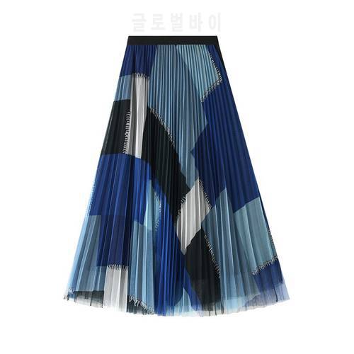 Korean Style 2022 Geometric Print Y2K Skirt VD1702 Women Purple Black Blue Long Midi Length Tulle Pleated Skirt