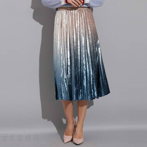 High Waist Long Skirts Women&39s A-line Skirts Patchwork Pleated Skirt Velvet for Women Gradient Color Spring Autumn Winter