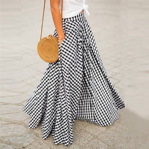Women Summer Beach Long Skirt Vintage Plaid Check Long Skirt Zipper Pleated Bohemian Femme Casual Pockets Maxi Skirts