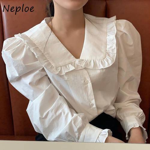 Neploe Doll Collar Puff Long Sleeve Solid Blouse Women Wooden Ear Patchwork Elegant Ol Loose Blusas Spring 2023 New Shirt Femme