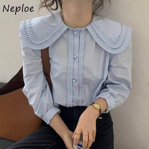 Neploe Doll Collar Puff Long Sleeve Cute Blouse Women Work Style OL Loose White Blue Blusas Single Breast Simple Shirt 2023